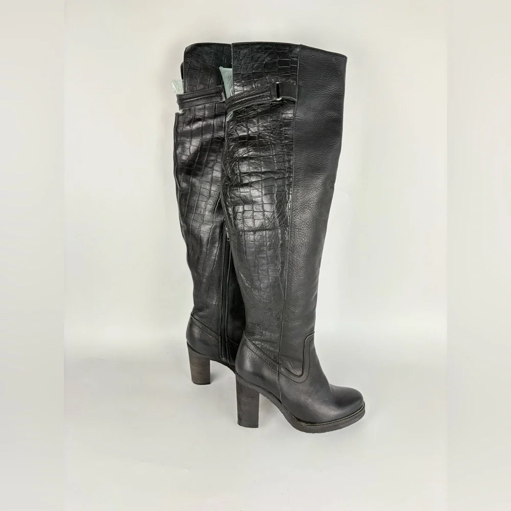 New Free People Black Leather Novak Over the Knee Heeled Boots